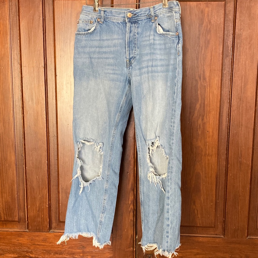 Free People Blue Distressed Jeans Size 27 Cut Off Knee Holes Cotton Button Fly
